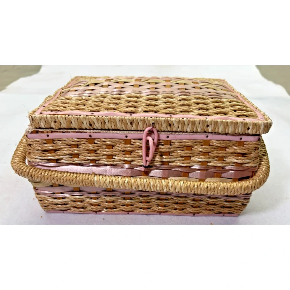 Woven Vanity Jewelry Box Pink Trim Satin Lined Hinged Basket Vintage Storage